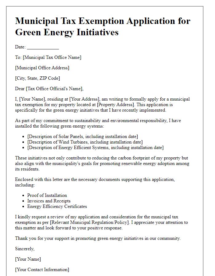 Letter template of municipal tax exemption application for green energy initiatives