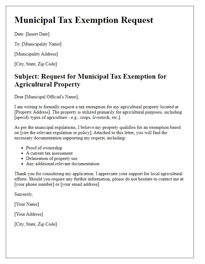 Letter template of municipal tax exemption form for agricultural properties