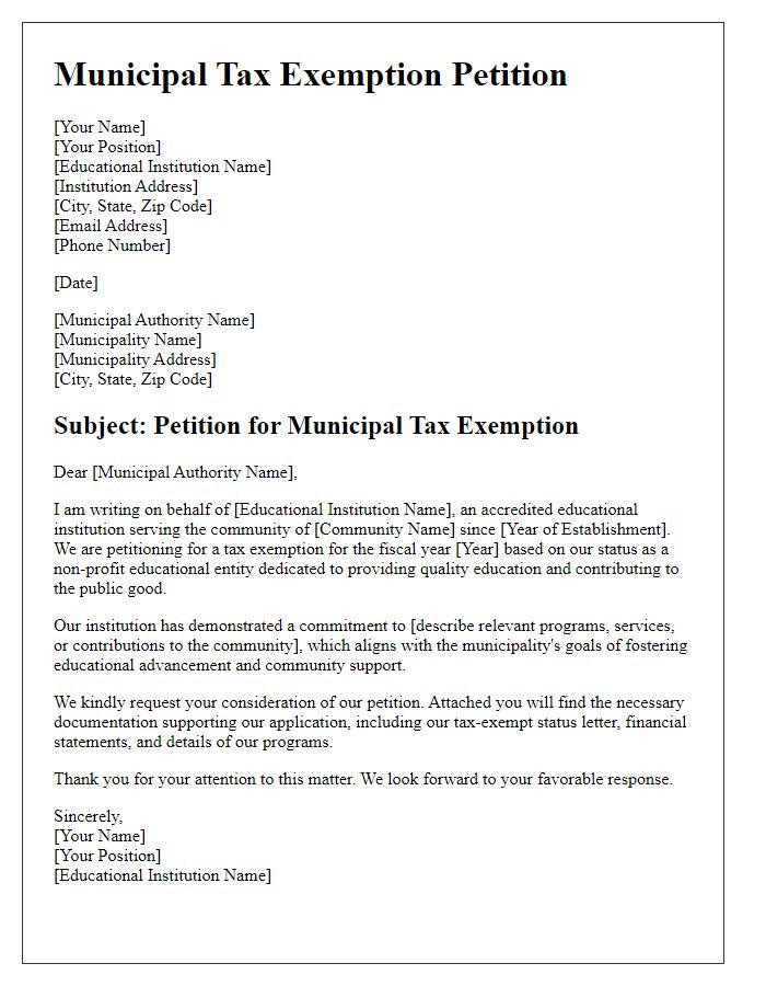 Letter template of municipal tax exemption petition for educational institutions