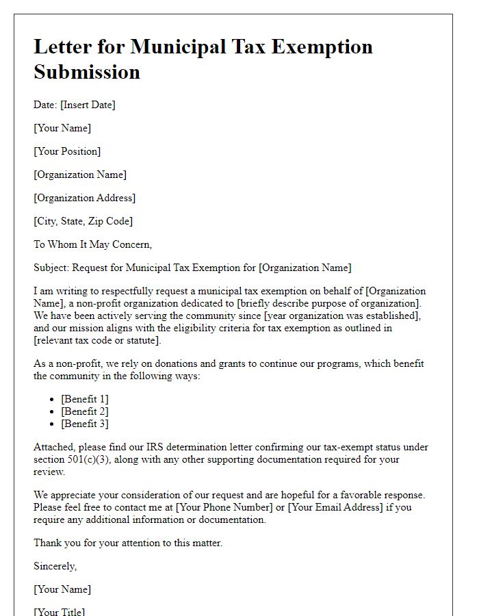 Letter template of municipal tax exemption submission for non-profit organizations