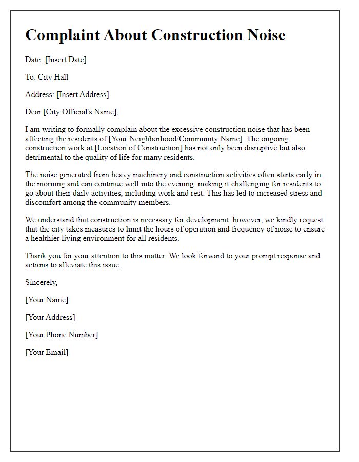 Letter template of a complaint about construction noise affecting residents to city hall