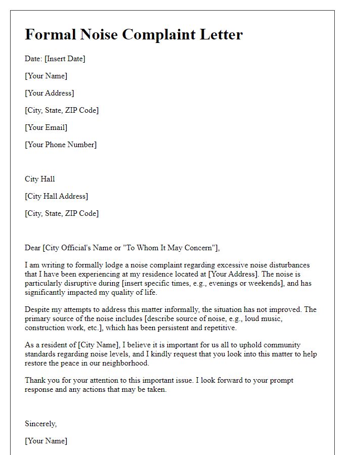 Letter template of a formal noise complaint to city hall