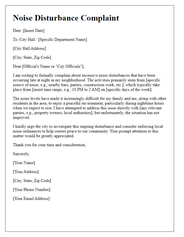 Letter template of a noise disturbance complaint due to late-night activities to city hall