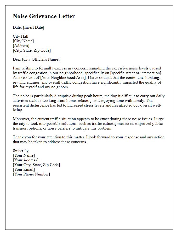 Letter template of a noise grievance related to traffic congestion to city hall