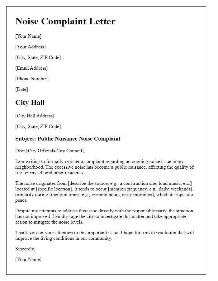 Letter template of a public nuisance noise complaint to city hall