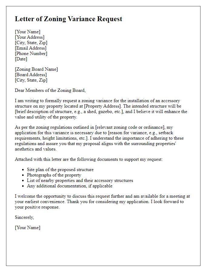 Letter template of zoning variance request for accessory structure installation.