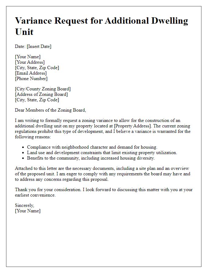 Letter template of zoning variance request for additional dwelling unit.