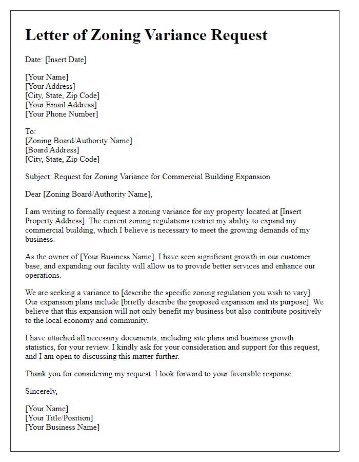 Letter template of zoning variance request for commercial building expansion.