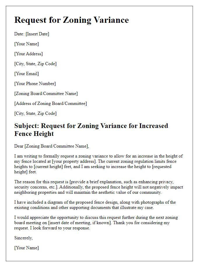 Letter template of zoning variance request for fence height increase.