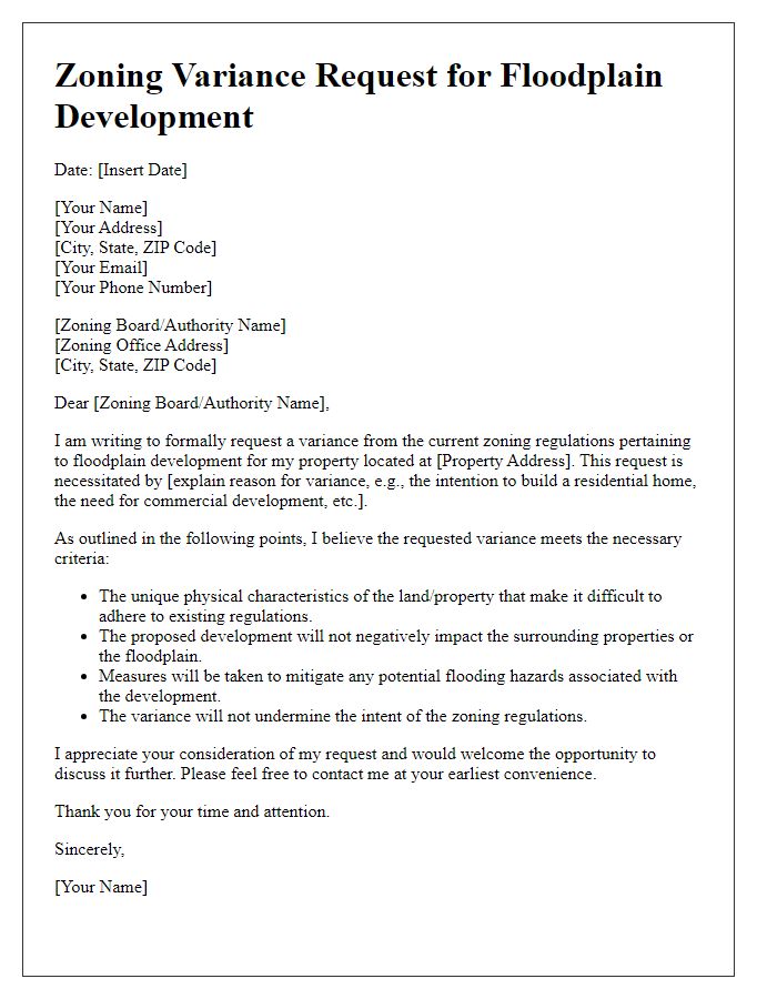 Letter template of zoning variance request for floodplain development.