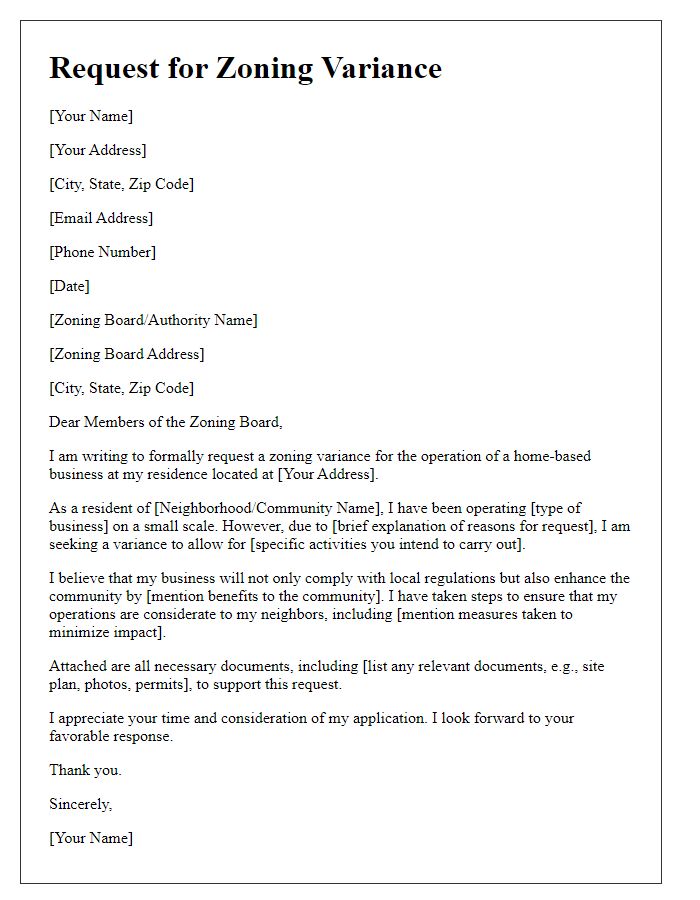 Letter template of zoning variance request for home-based business operation.