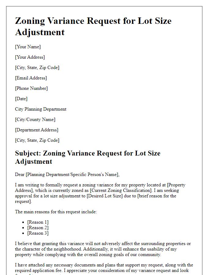 Letter template of zoning variance request for lot size adjustment.