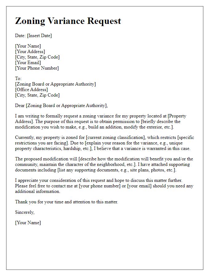 Letter template of zoning variance request for residential property modification.