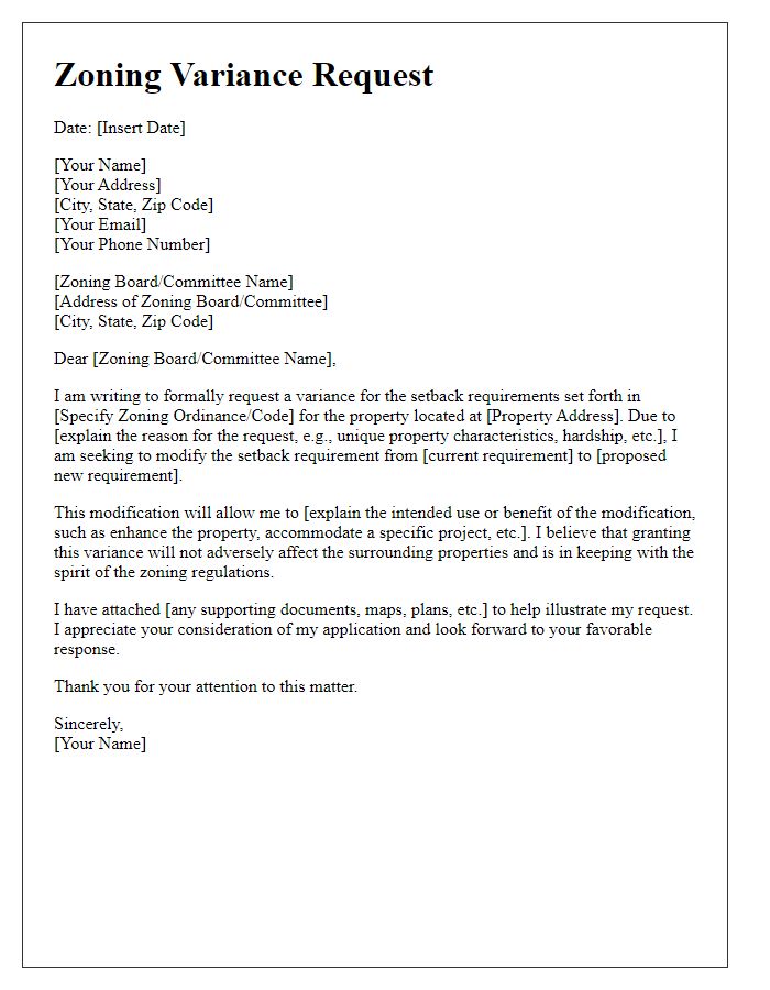 Letter template of zoning variance request for setback requirement modification.