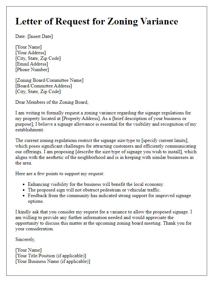 Letter template of zoning variance request for signage allowance.