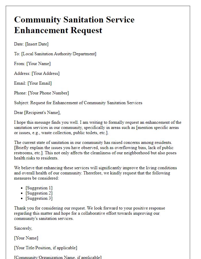 Letter template of community sanitation service enhancement request