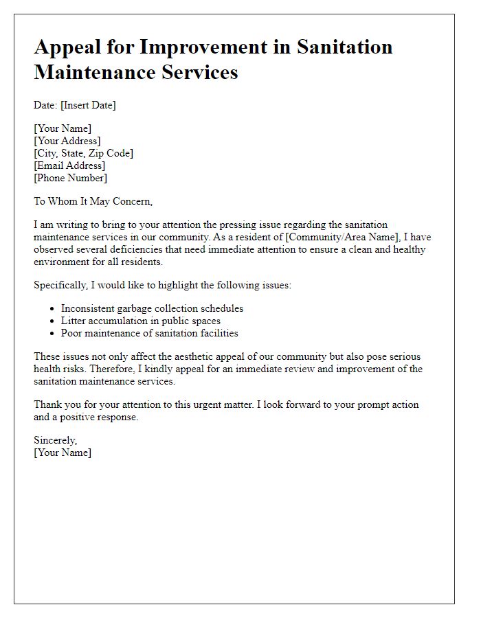 Letter template of sanitation maintenance service improvement appeal