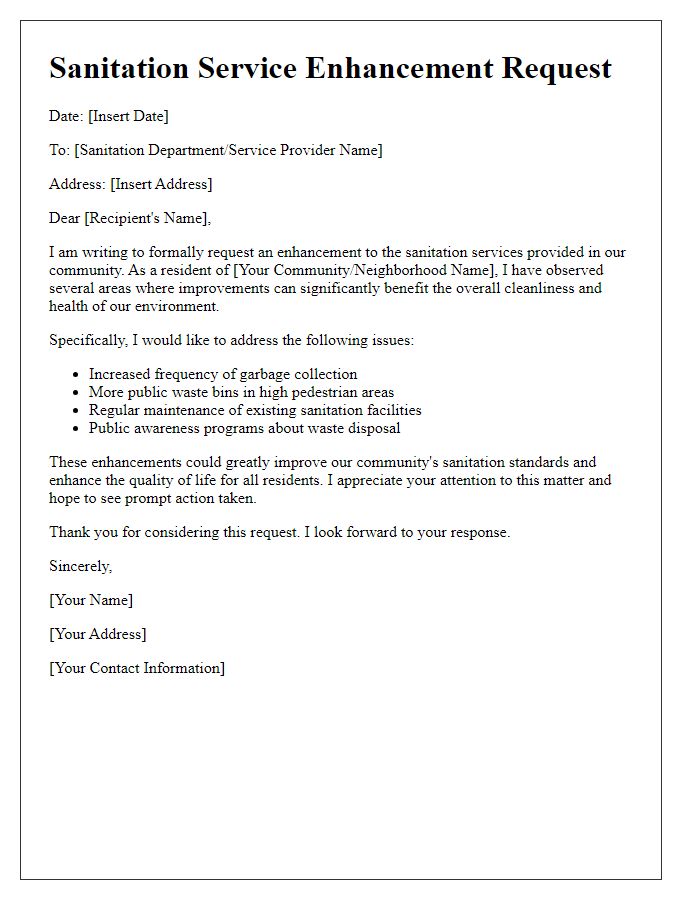 Letter template of sanitation service enhancement request