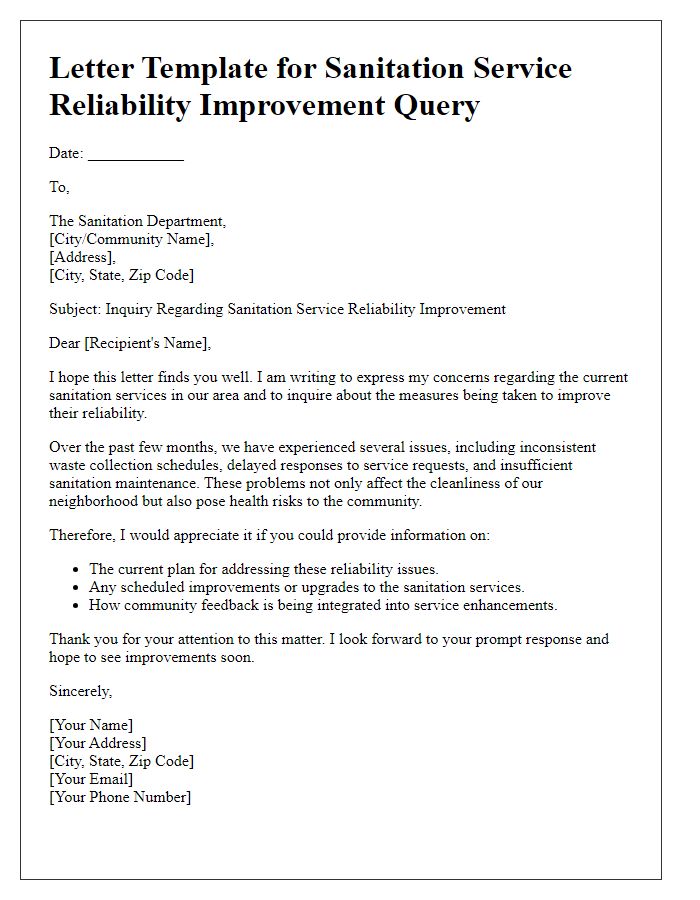 Letter template of sanitation service reliability improvement query