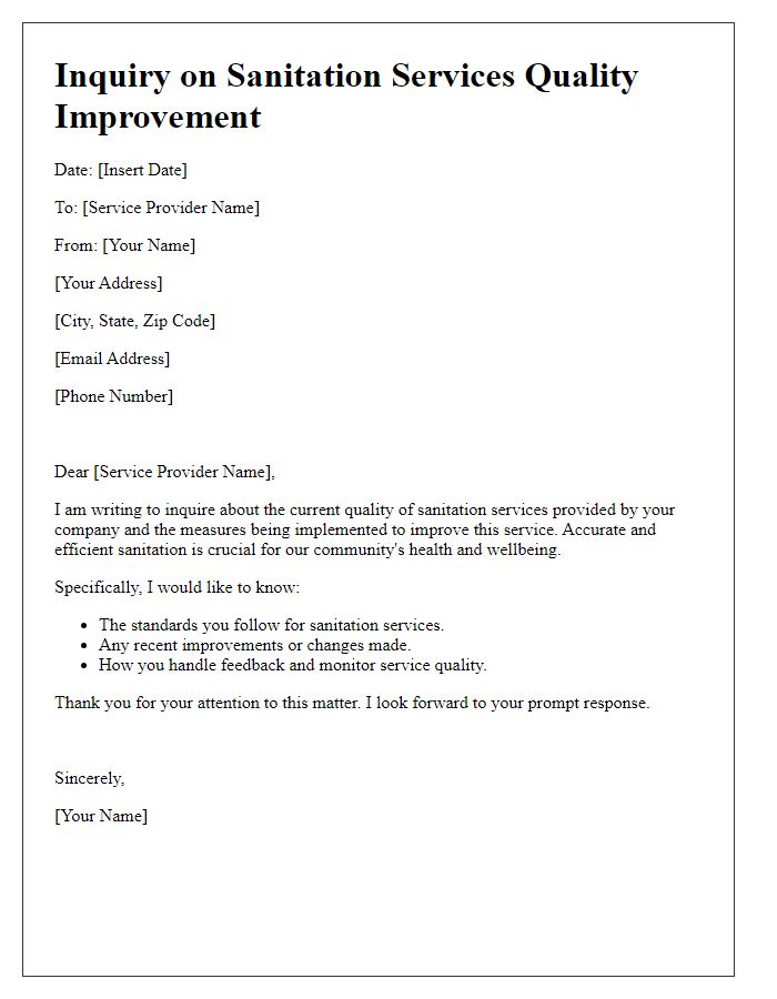 Letter template of sanitation services quality improvement inquiry