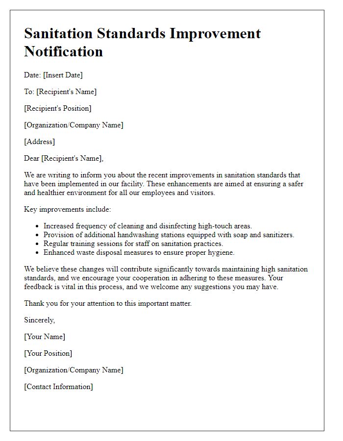 Letter template of sanitation standards improvement notification