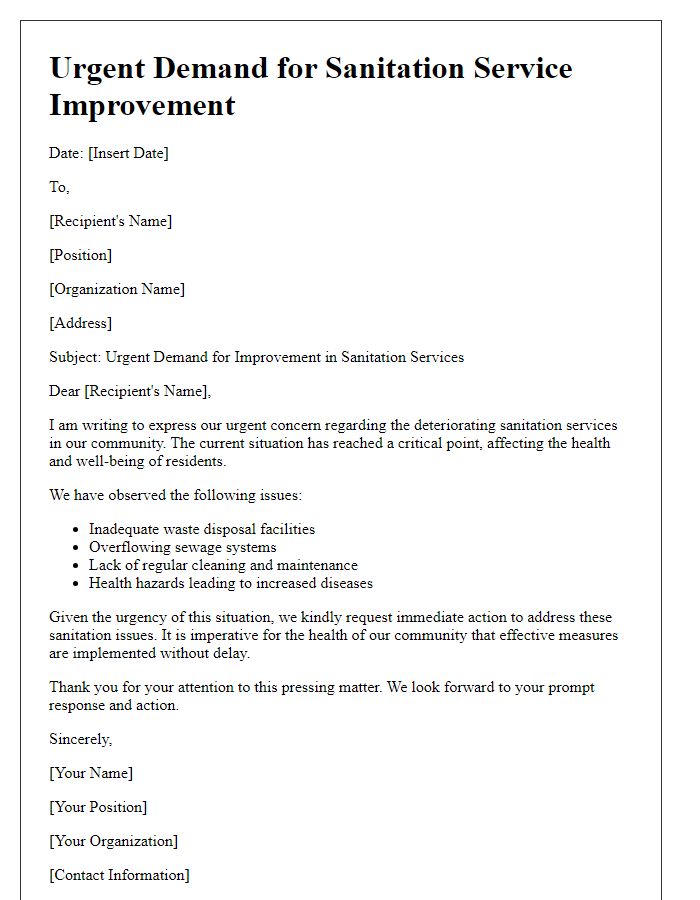 Letter template of urgent sanitation service improvement demand