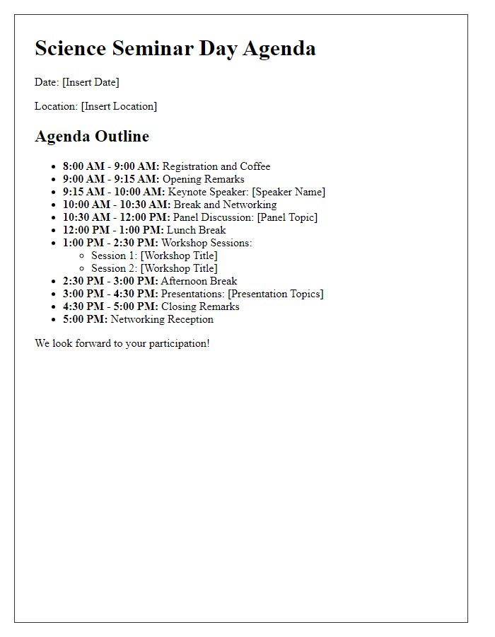 Letter template of agenda outline for science seminar day