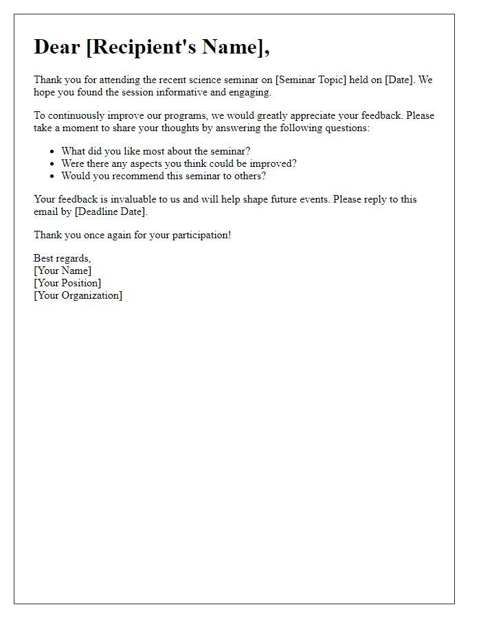 Letter template of feedback request after science seminar conclusion