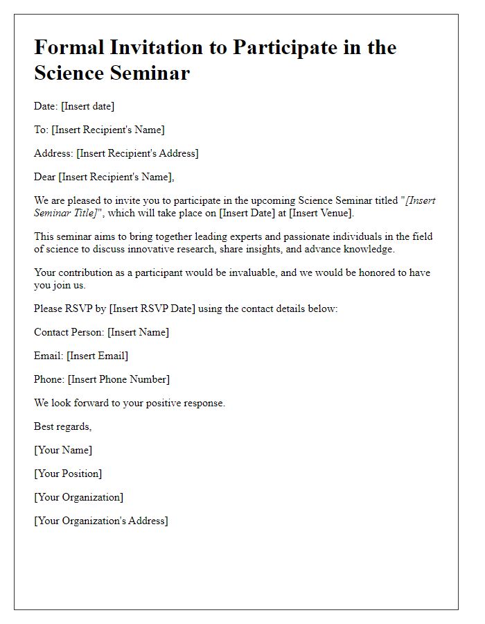 Letter template of formal invitation for science seminar participation