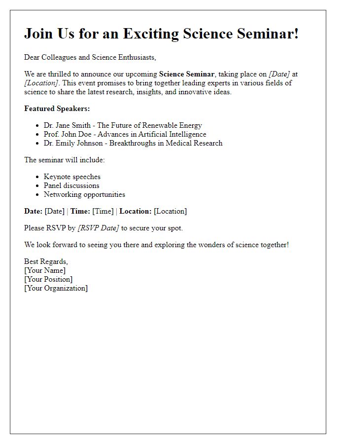 Letter template of promotional announcement for upcoming science seminar