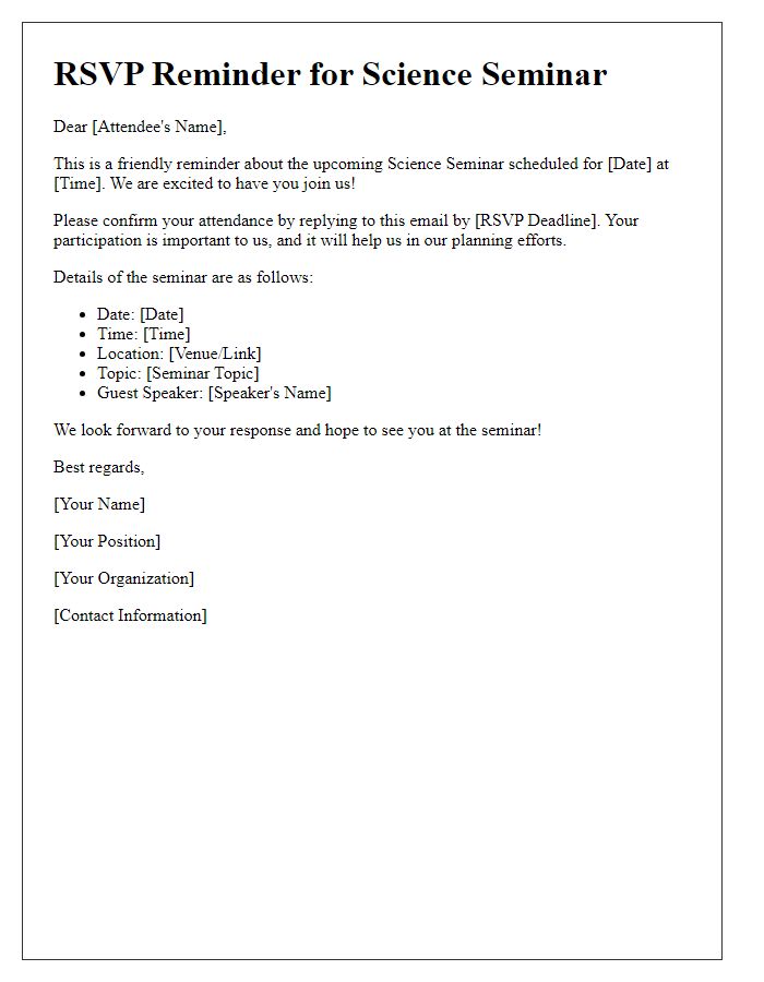 Letter template of RSVP reminder for science seminar attendees