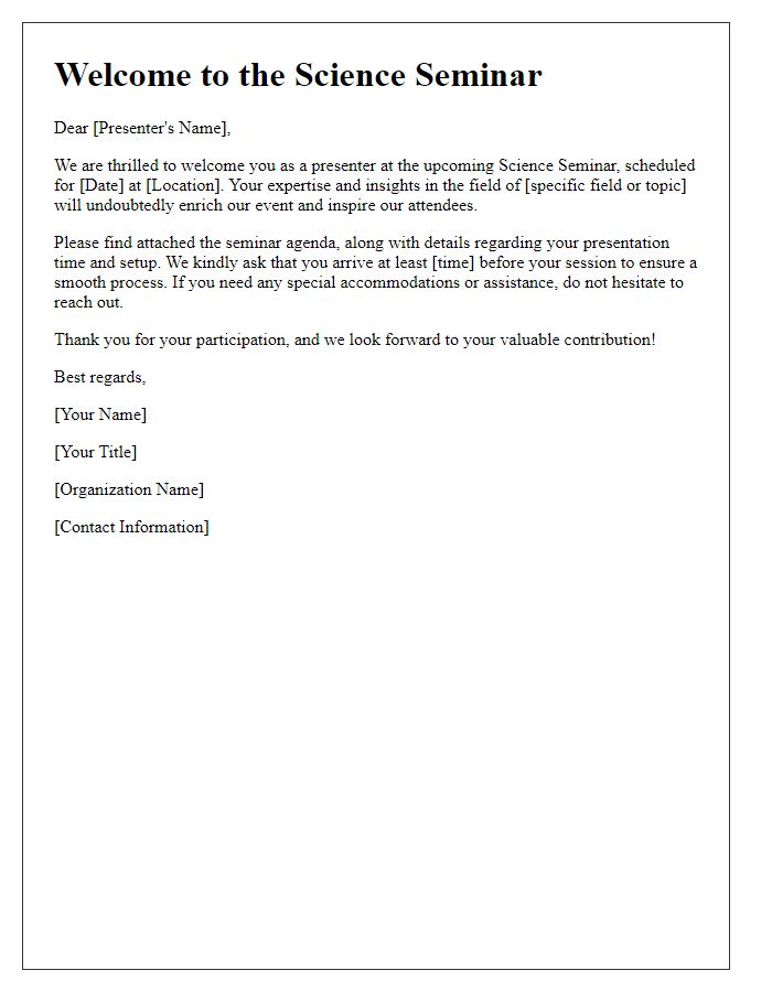 Letter template of welcome letter for science seminar presenters