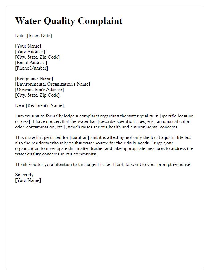 Letter template of water quality complaint for environmental organizations.