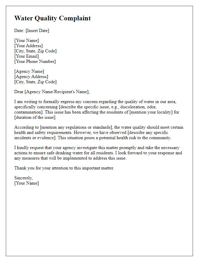 Letter template of water quality complaint for government agencies.