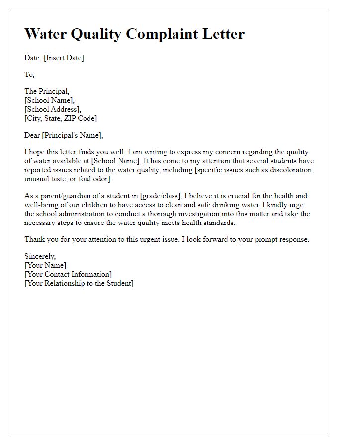 Letter template of water quality complaint for school administrations.