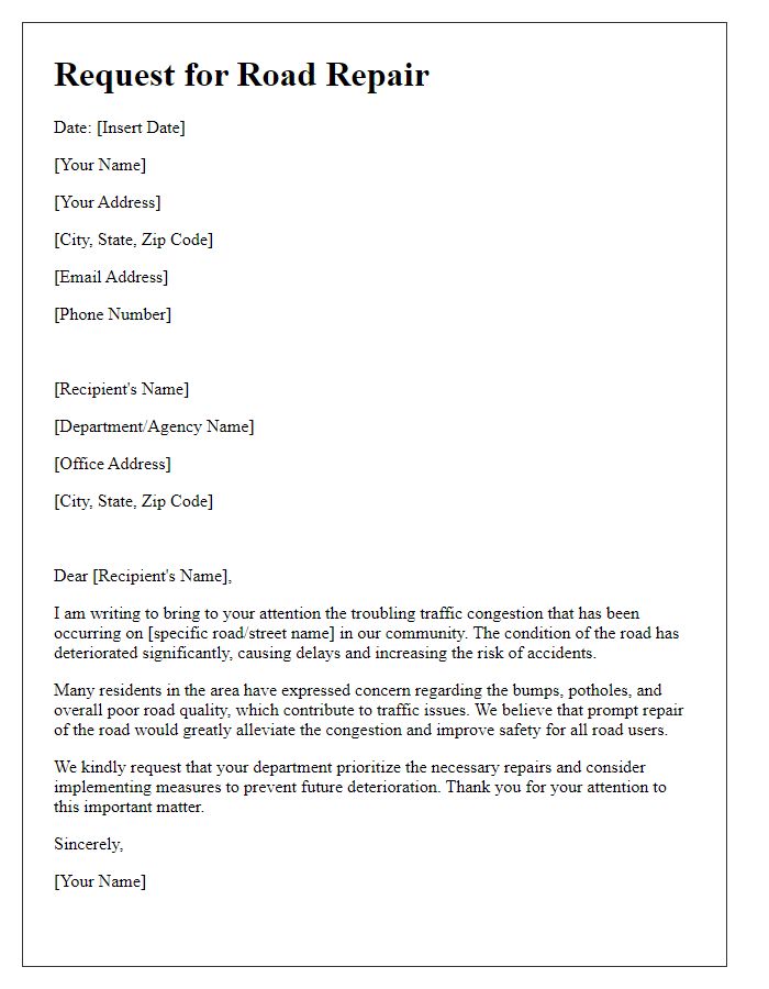 Letter template of road repair request for addressing traffic congestion.