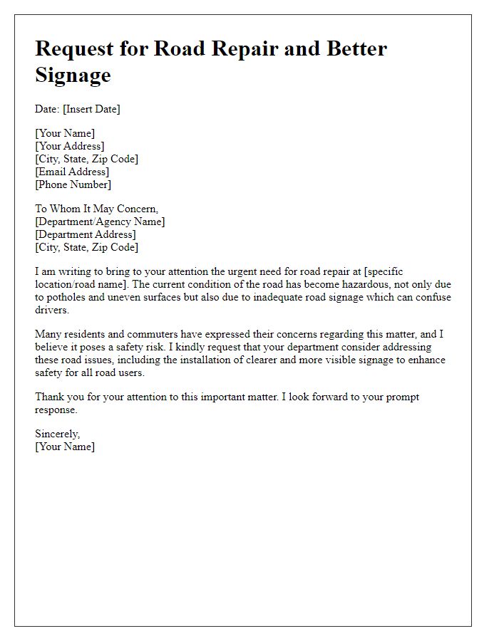 Letter template of road repair request for better road signage.