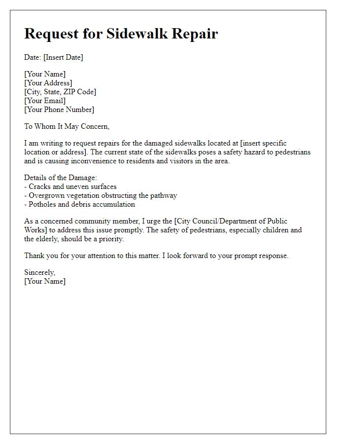 Letter template of road repair request for damaged sidewalks.