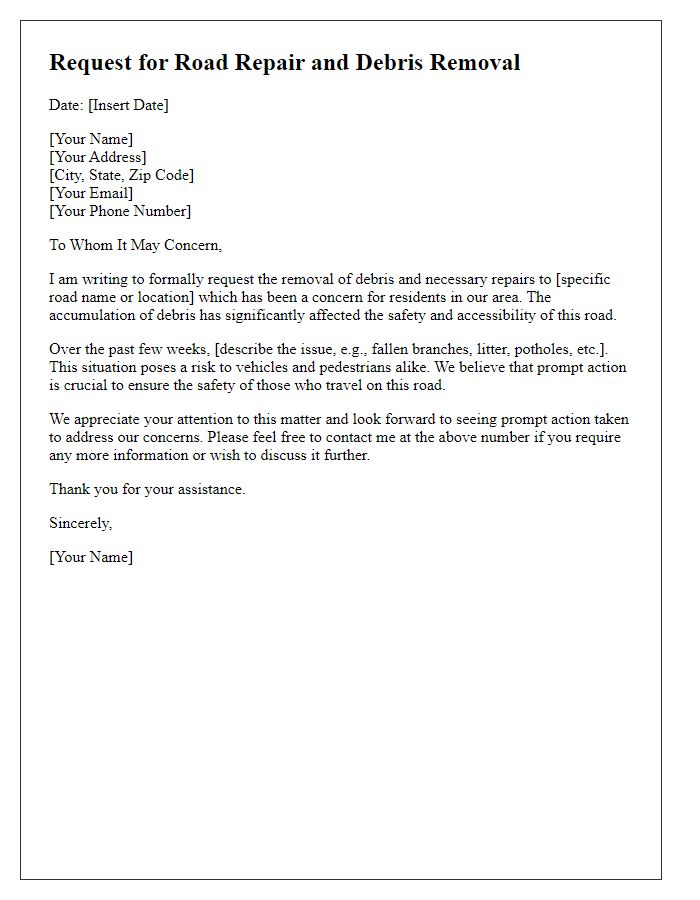 Letter template of road repair request for debris removal on roads.