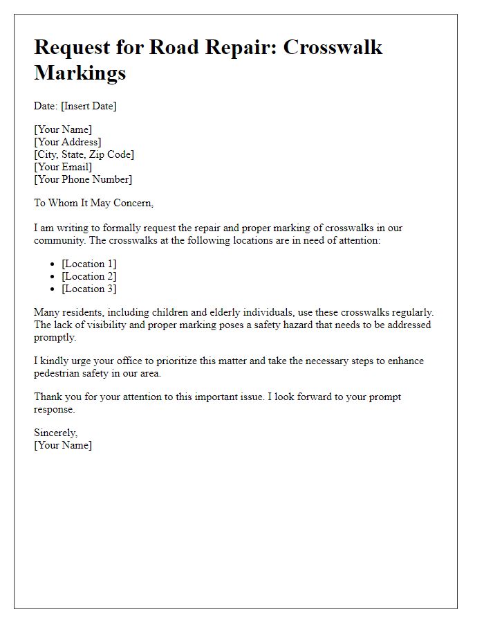 Letter template of road repair request for marking crosswalks.