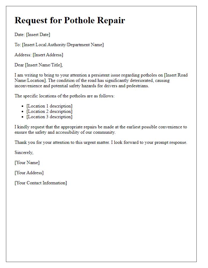 Letter template of road repair request for pothole issues.