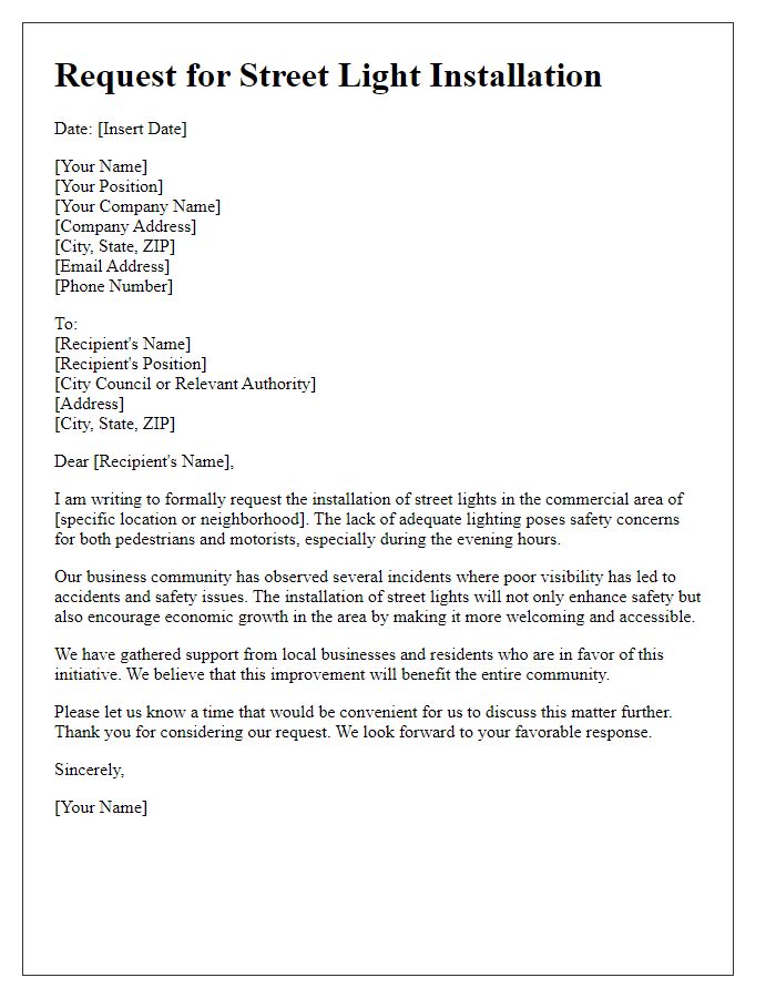 Letter template of street light installation request for a commercial area.