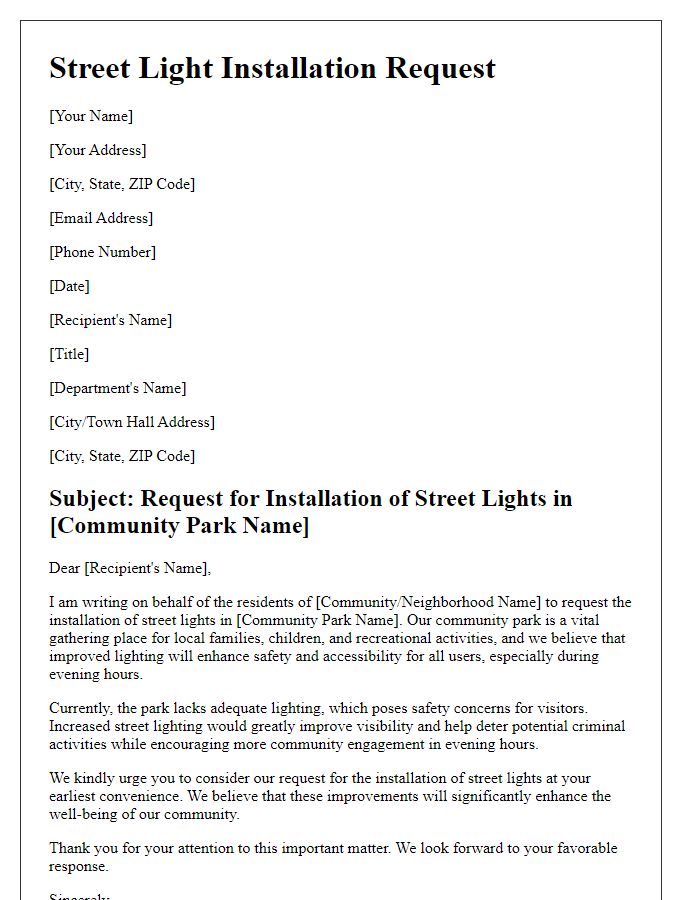 Letter template of street light installation request for a community park.