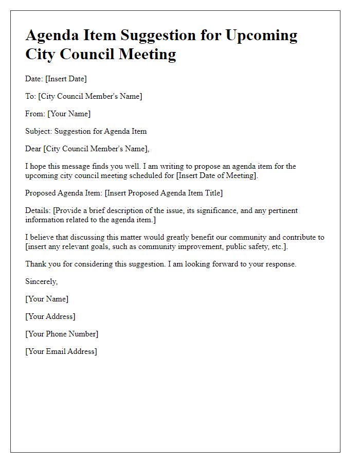 Letter template of agenda item suggestion for upcoming city council meeting.