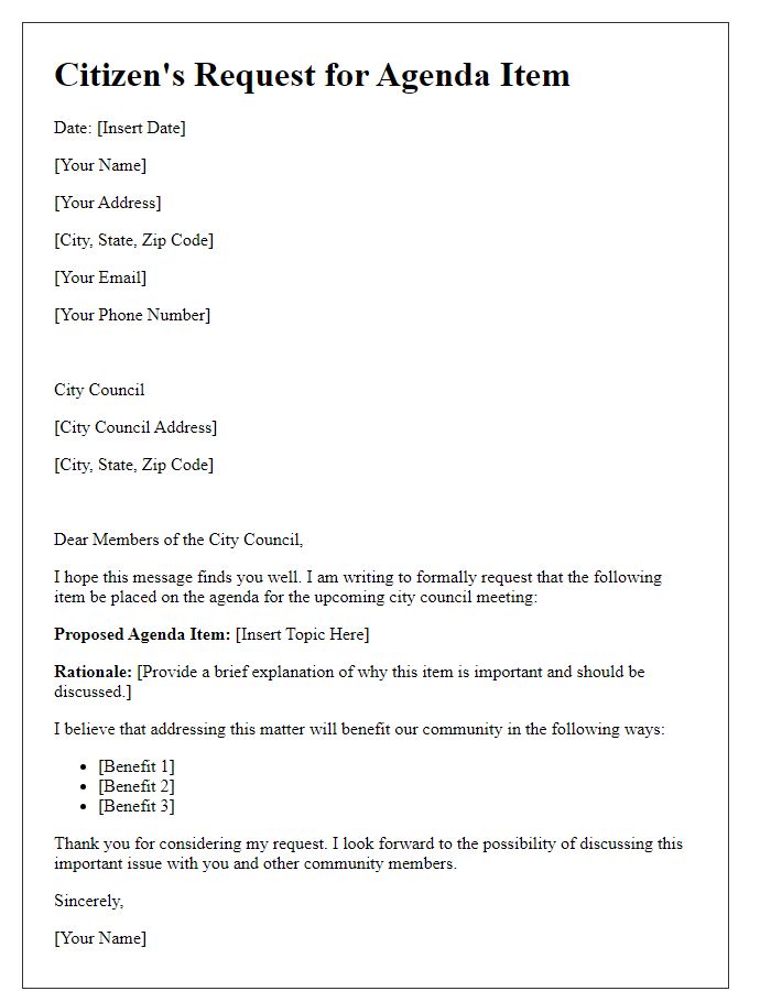 Letter template of citizen's request for agenda item at city council meeting.