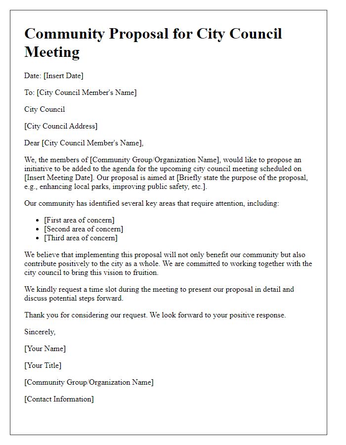 Letter template of community proposal for city council meeting agenda.