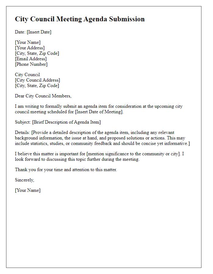 Letter template of formal submission for city council meeting agenda.