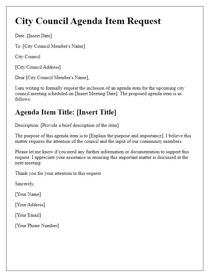 Letter template of notification for agenda item request to city council.