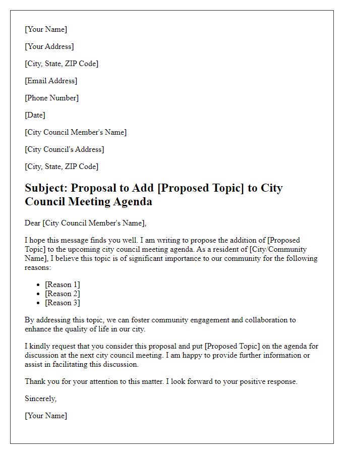 Letter template of proposal to add topic to city council meeting agenda.