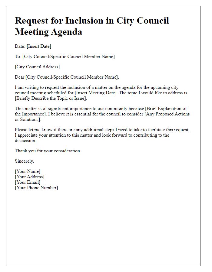 Letter template of request for inclusion in city council meeting agenda.